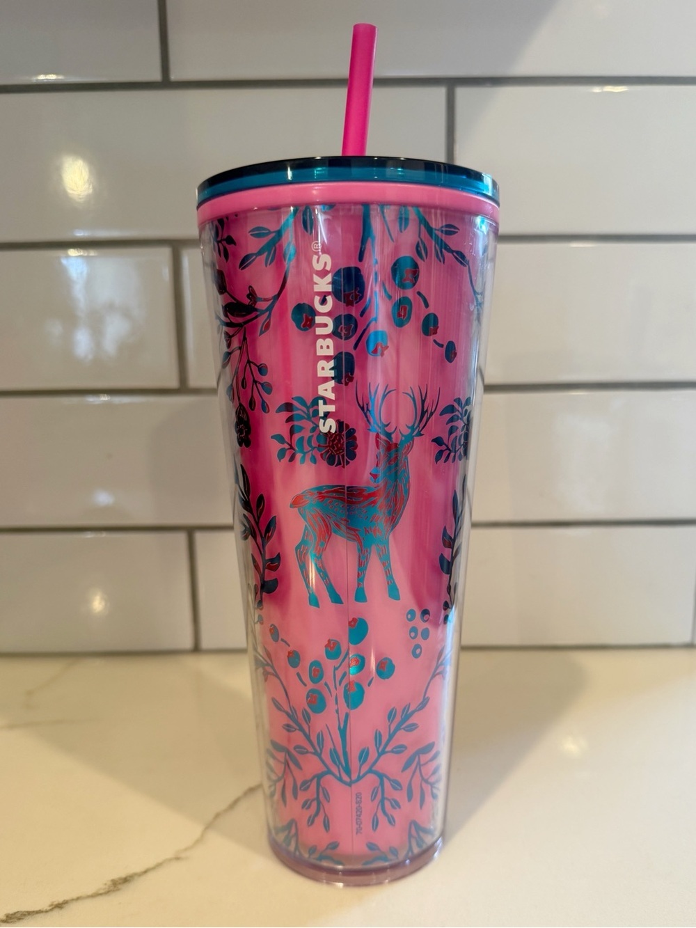 Starbucks Holiday Woodland Lace Venti Tumbler Cold Cup 24oz Pink Blue Floral ‘22